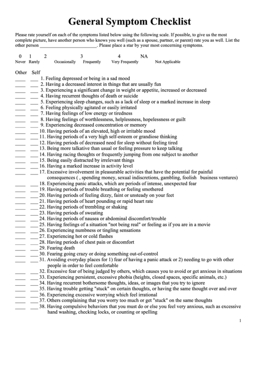 General Symptom Checklist Printable pdf