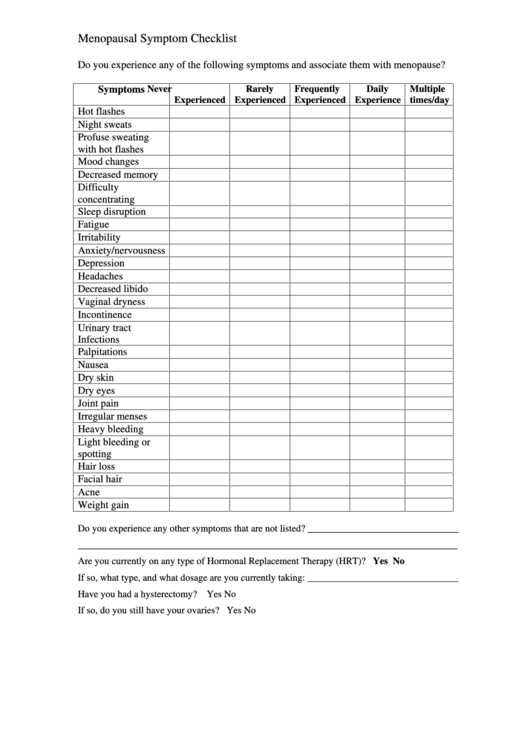 Menopausal Symptom Checklist Printable pdf