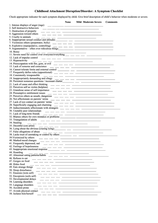 Childhood Attachment Disruption/disorder Symptom Checklist Printable pdf