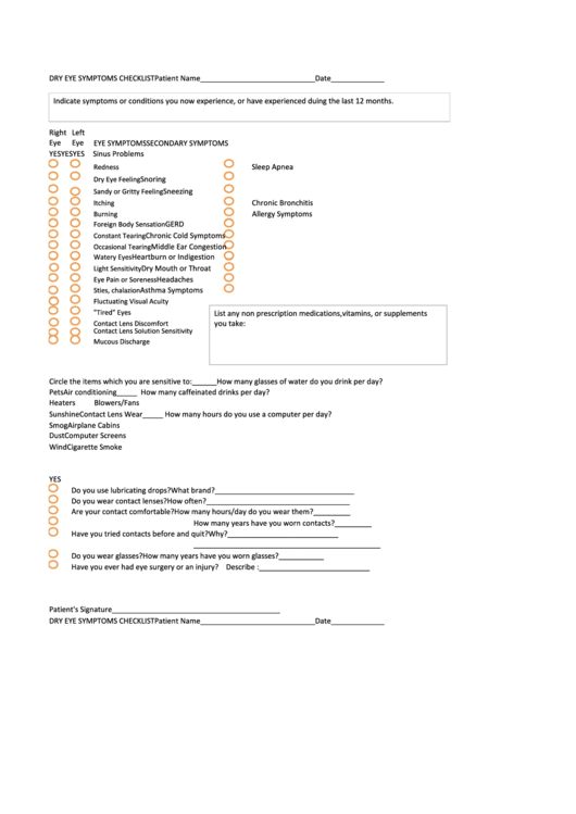 Dry Eye Symptoms Checklist Printable pdf
