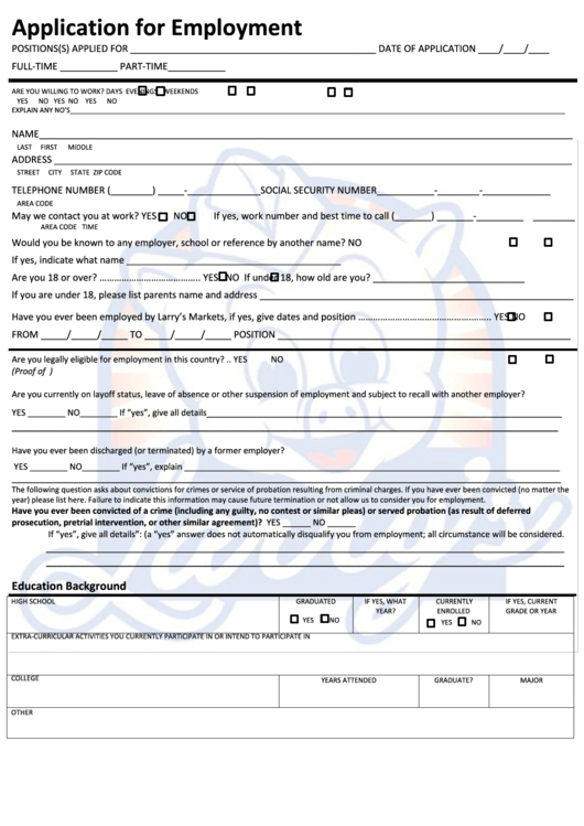 Application Form For Employment Printable pdf