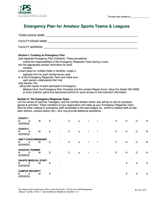 Fillable Emergency Plan For Amateur Sports Teams & Leagues Printable pdf