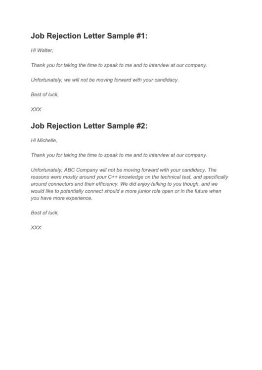 Sample Job Rejection Letter Template Printable pdf