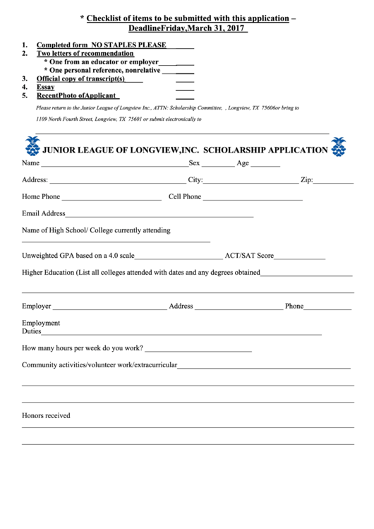 Scholarship Application Junior League Of Longview Printable pdf