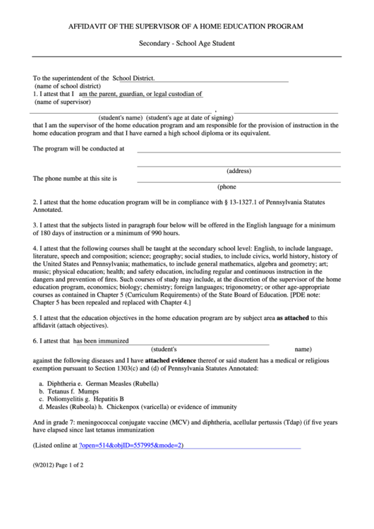 Affidavit Of The Supervisor Of A Home Education Program Printable pdf