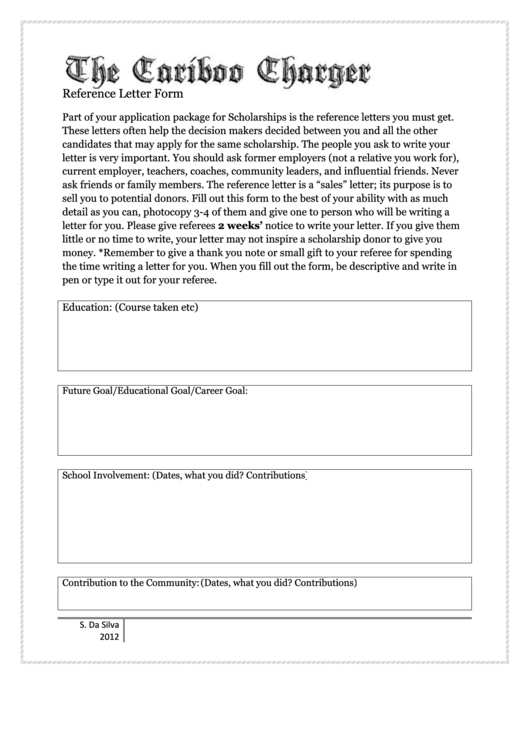 Scholarship Reference Letter Form Printable pdf