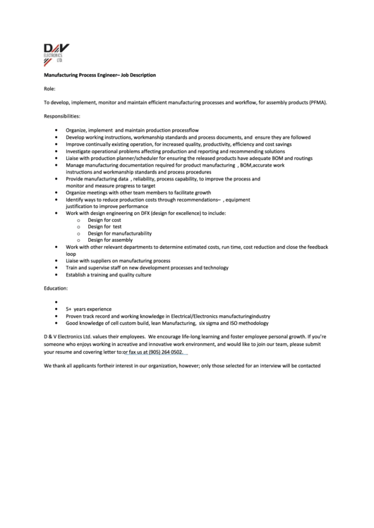Manufacturing Process Engineer - Job Description Printable pdf