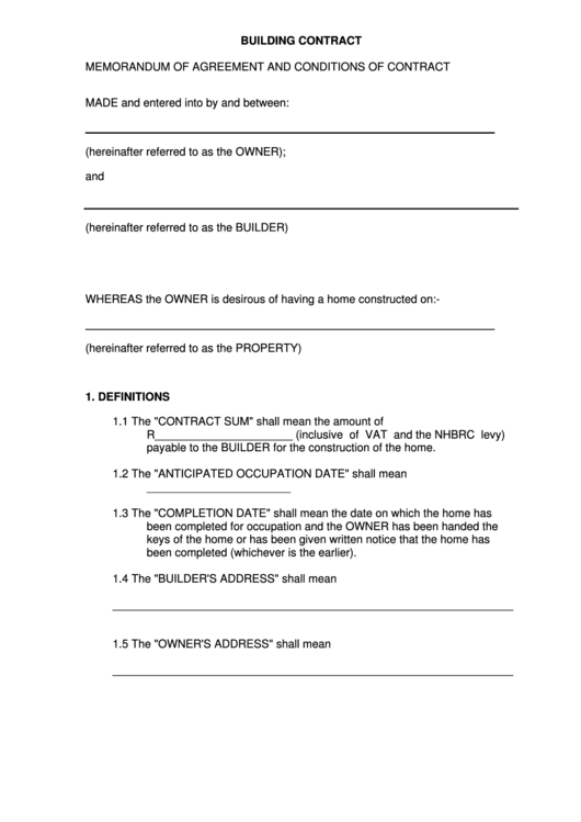 Building Contract Memorandum Of Agreement And Conditions Of Contract Printable pdf