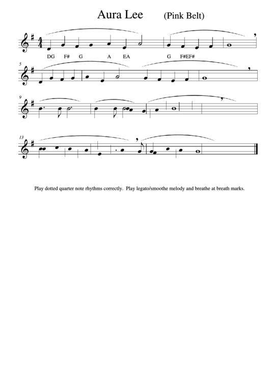 Aura Lee (Pink Belt) Piano Sheet Music Printable pdf