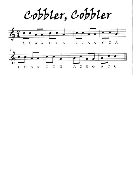 "Cobbler, Cobbler" Piano Sheet Music Printable pdf