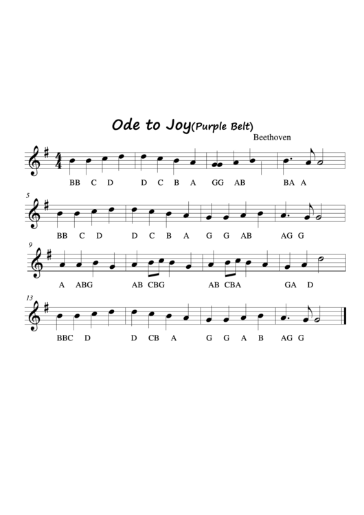 "Ode To Joy (Purple Belt)" By Beethoven Piano Sheet Music Printable pdf