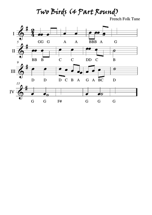 "Two Birds (4 Part Round)" Piano Sheet Music Printable pdf