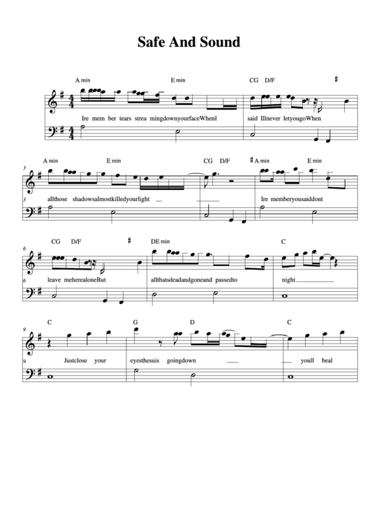 Safe And Sound - Taylor Swift Piano Sheet Music Printable pdf