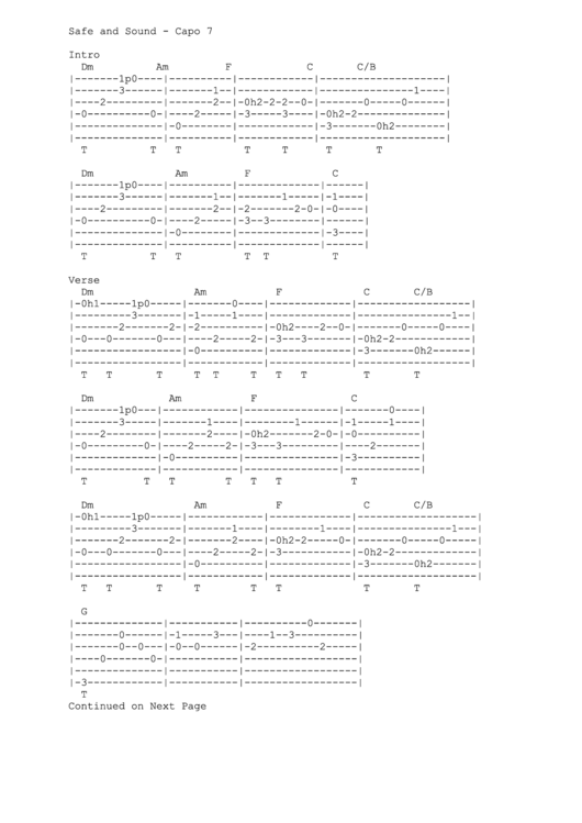 Safe And Sound - Capo Guitar Sheet Music Printable pdf