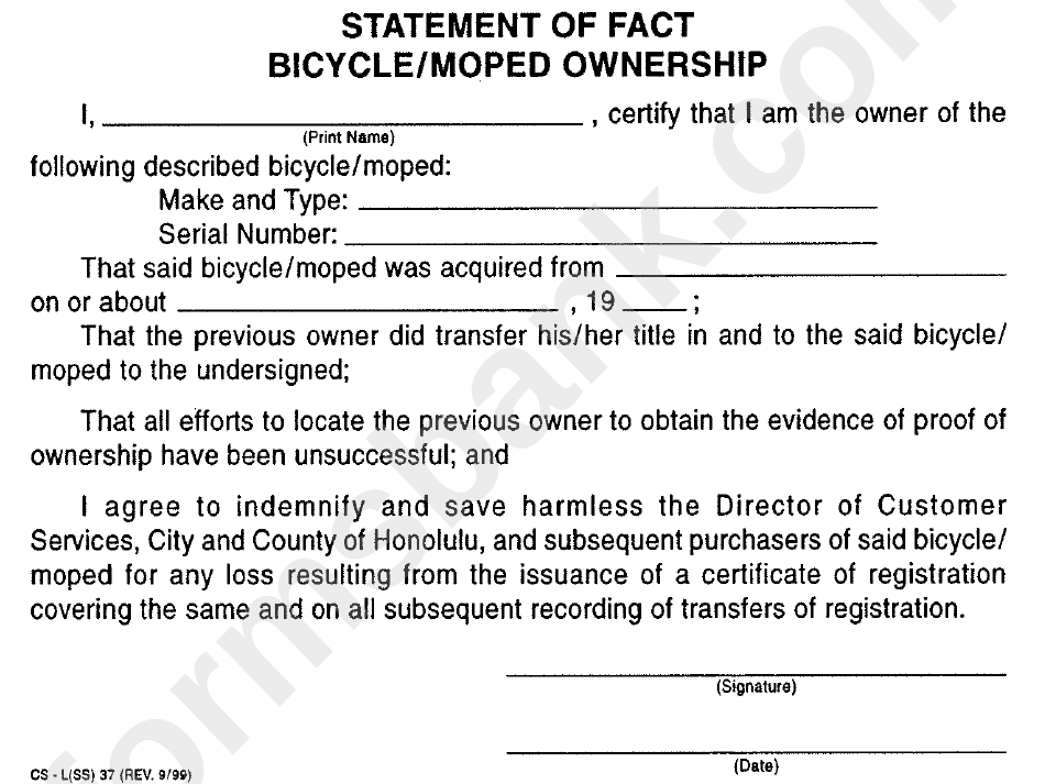 Statement Of Fact Bicycle Moped Ownership