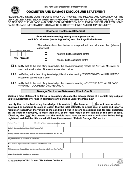 Fillable Form Mv-103 - Odometer And Damage Disclosure Statement Printable pdf