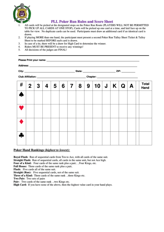 Printable poker run score sheet template printable