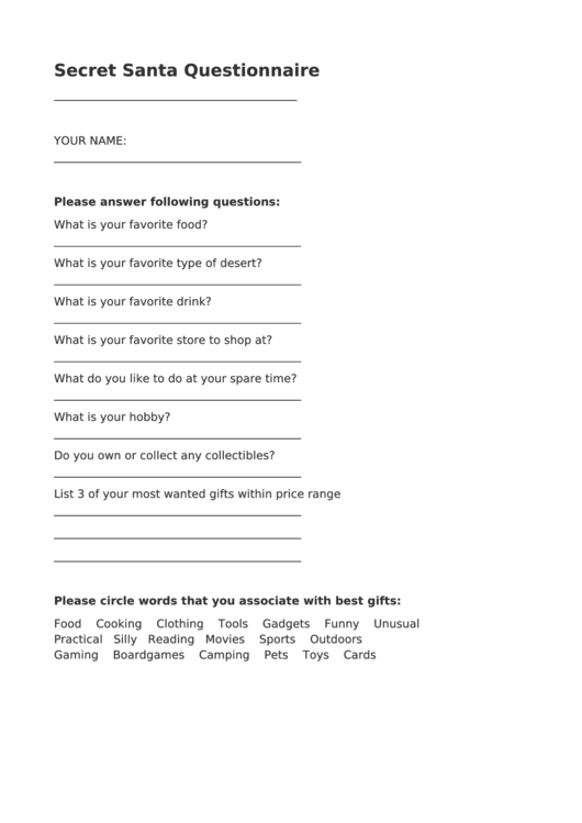 Secret Santa Questionnaire Template Printable pdf
