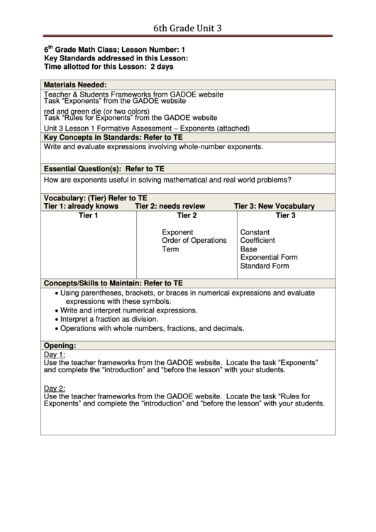 6th Grade Unit 3 Unit 3 Lesson 1 Formative Assessment - Exponents Printable pdf