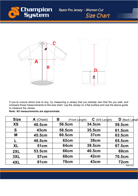 Champion System Razor Pro Jersey Women Cut Size Chart printable pdf ...