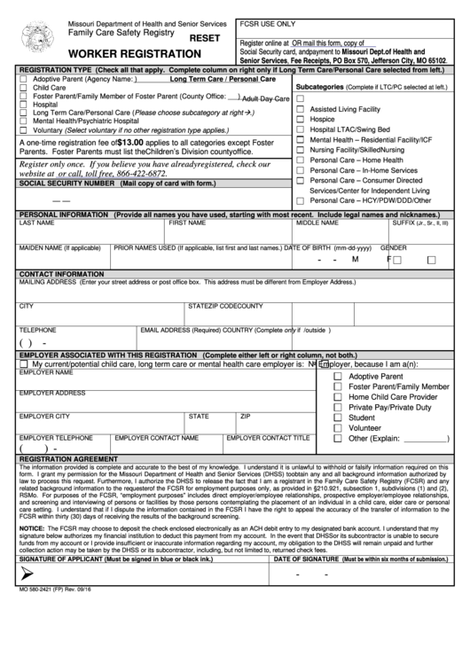 Fillable Worker Registration - Missouri Department Of Health And Senior Services Printable pdf