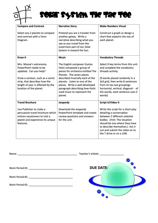 Solar System Tic Tac Toe Score Card Template Printable pdf
