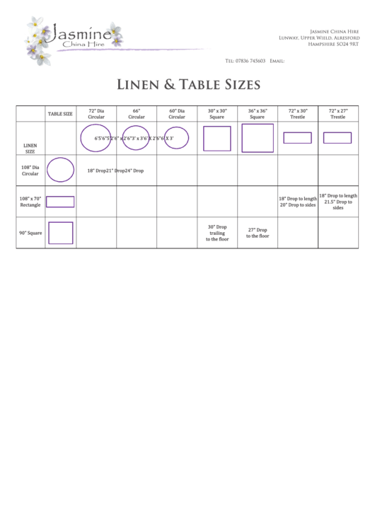 Jasmine China Hire Linen & Table Sizes Chart Printable pdf