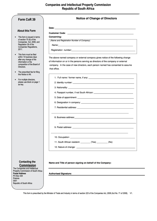 Notice Of Change Of Directors Printable pdf