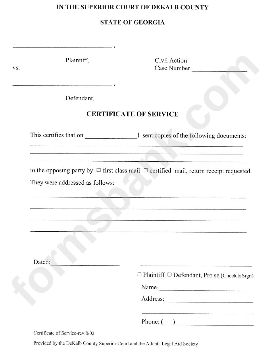 Certificate Of Service Dekalb Superior Court Printable Pdf Download