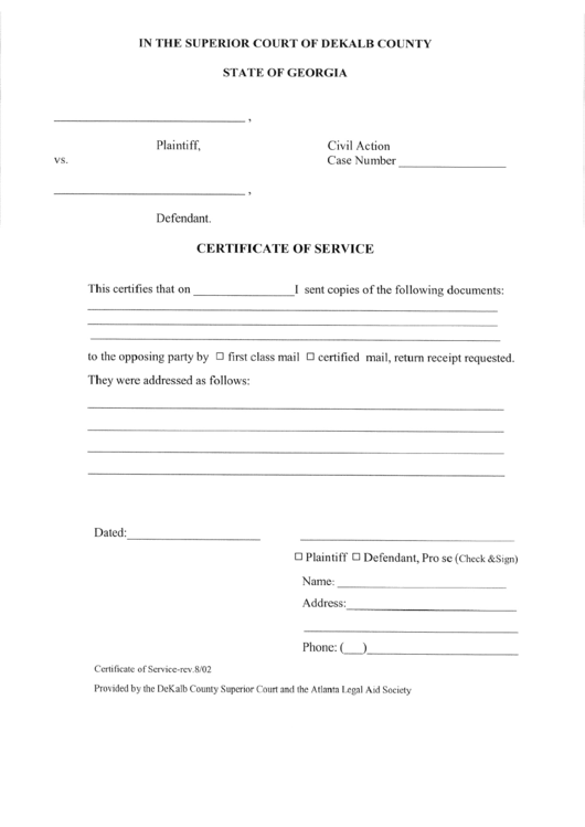 Certificate Of Service - Dekalb Superior Court