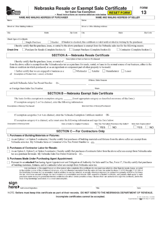 Nebraska Resale Or Exempt Sale Certificate Printable pdf