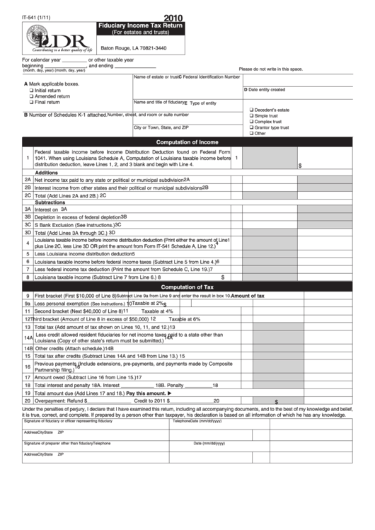 Fillable Form It-541 - Fiduciary Income Tax Return (For Estates And Trusts) - 2010 Printable pdf