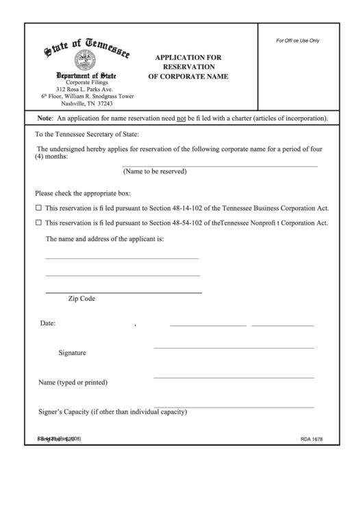 Application For Reservation Of Corporate Name - Tennessee Secretary Of State Printable pdf
