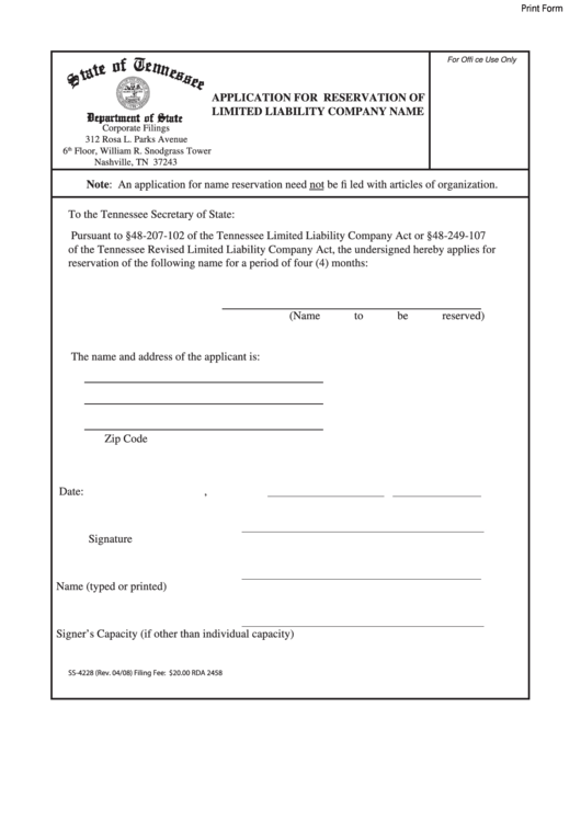 Fillable Application For Reservation Of Limited Liability Company Name - Tennessee Secretary Of State Printable pdf
