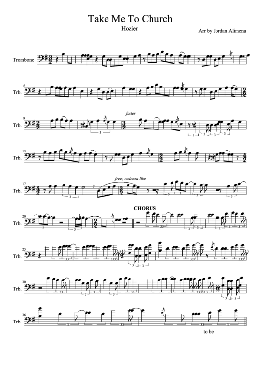 "Take Me To Church" By Hozier Trombone Sheet Music Printable pdf