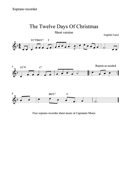"The Twelve Days Of Christmas" Short Version Soprano Recorder Sheet Music Printable pdf