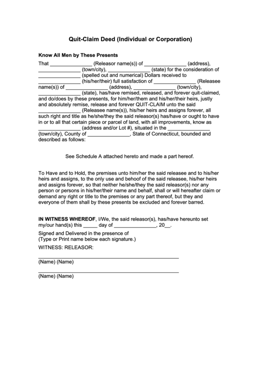 Fillable Quit-Claim Deed Form (Individual Or Corporation) Printable pdf