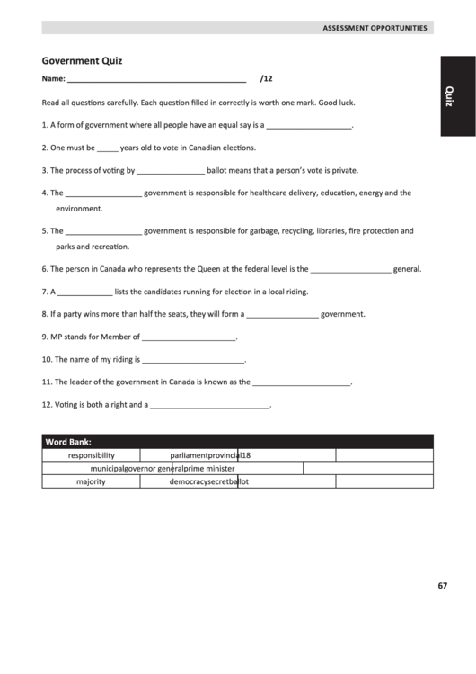 Government Quiz Printable pdf