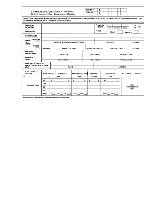 Birth Certificate Application Form - General Register Office - Government Of Guyana Printable pdf