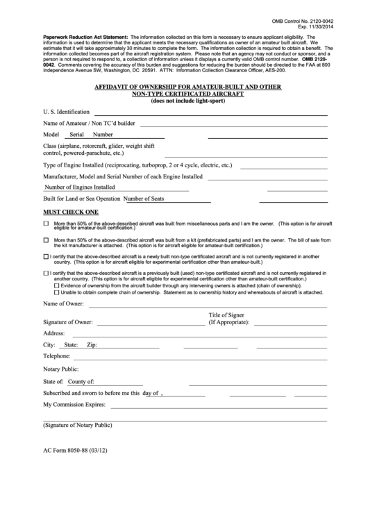 Fillable Ac Form 8050-88 - 2012 Affidavit Of Ownership For Amateur-Built And Other Non-Type Certificated Aircraft Printable pdf