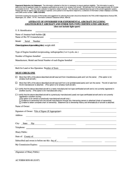 Fillable Ac Form 8050-88 - 2007 Affidavit Of Ownership For Experimental Aircraft Including Amateur-Built Aircraft And Other Non-Type Certificated Aircraft Printable pdf
