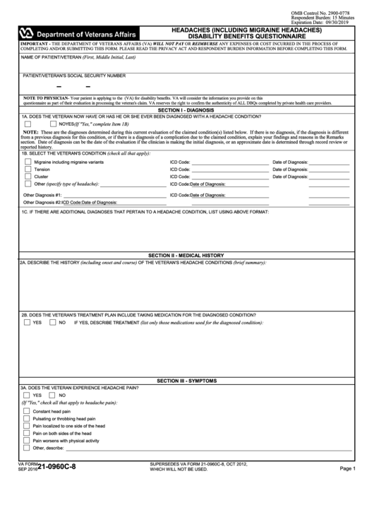 Fillable Va Form 21-0960c-8 - Headaches (Including Migraine Headaches) Disability Benefits Questionnaire Printable pdf