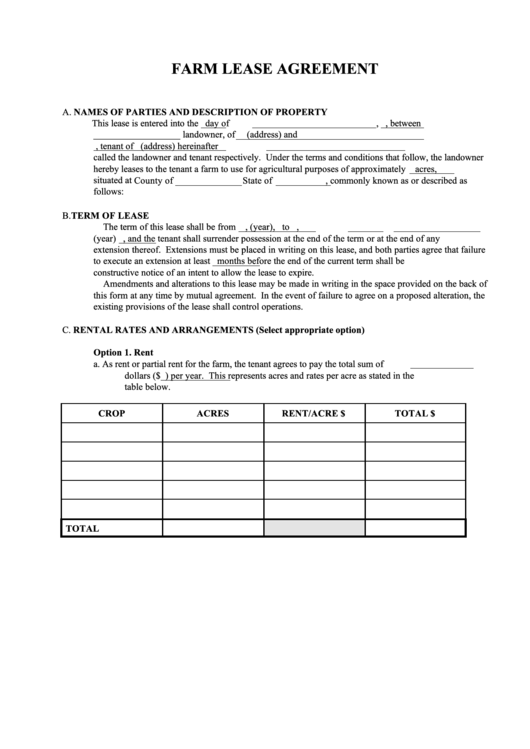 Fillable Farm Lease Agreement printable pdf download