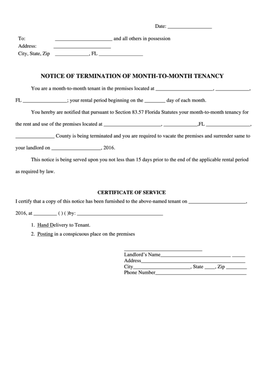 Notice Of Termination Of Month-To-Month Tenancy Printable pdf