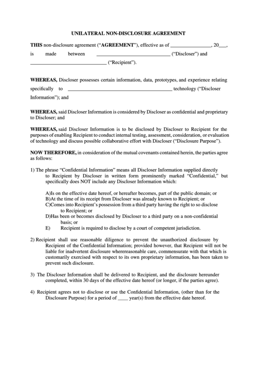 Fillable Unilateral NonDisclosure Agreement Template printable pdf
