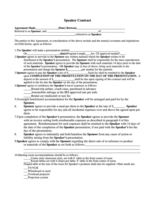Speaker Contract Printable pdf