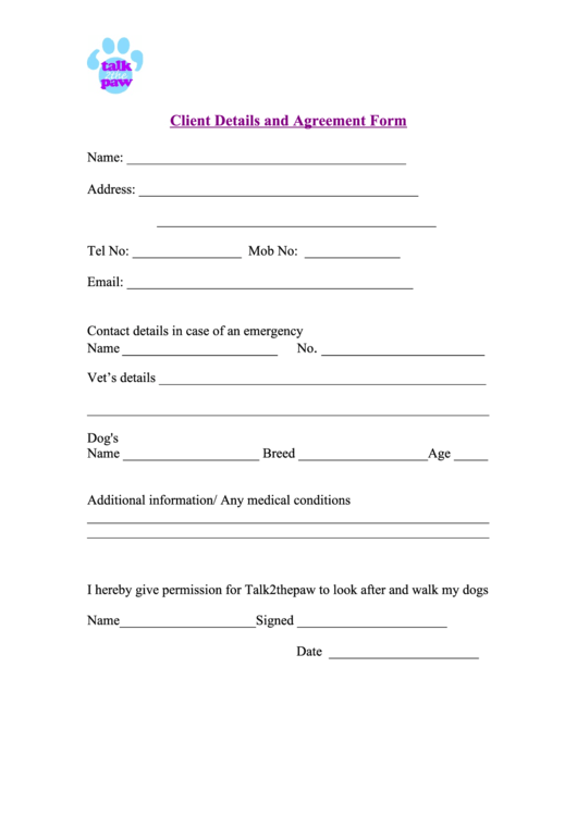 Dog Walking Client Details And Agreement Form Printable pdf