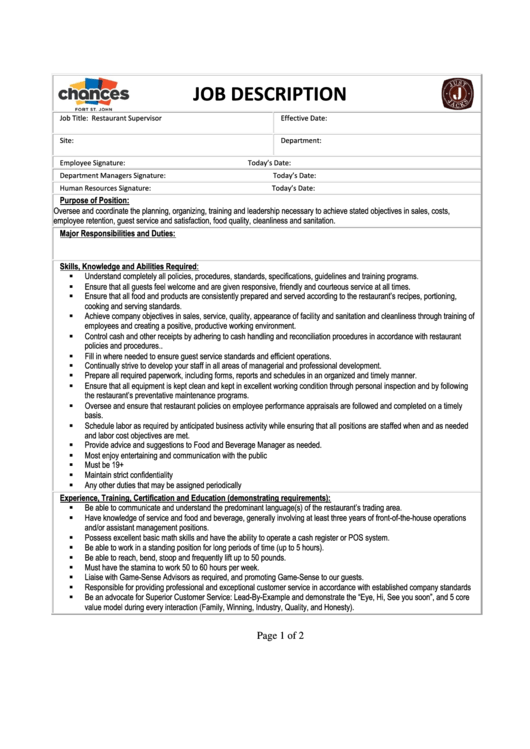 Restaurant Supervisor Job Description Printable pdf
