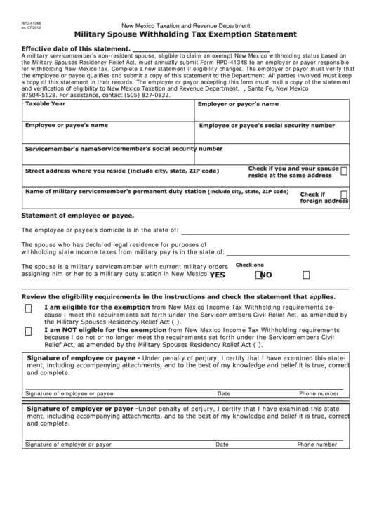 Military Spouse Withholding Tax Exemption Statement printable pdf download