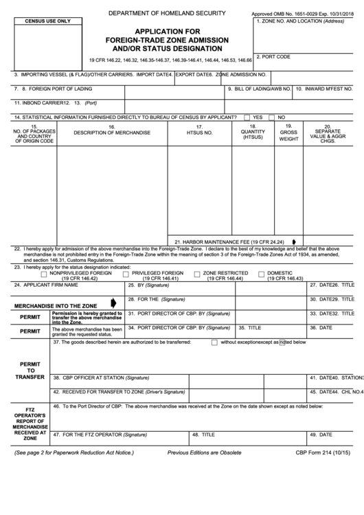 Fillable Cbp Form 214 - Application For Foreign-Trade Zone Admission And / Or Status Designation Printable pdf